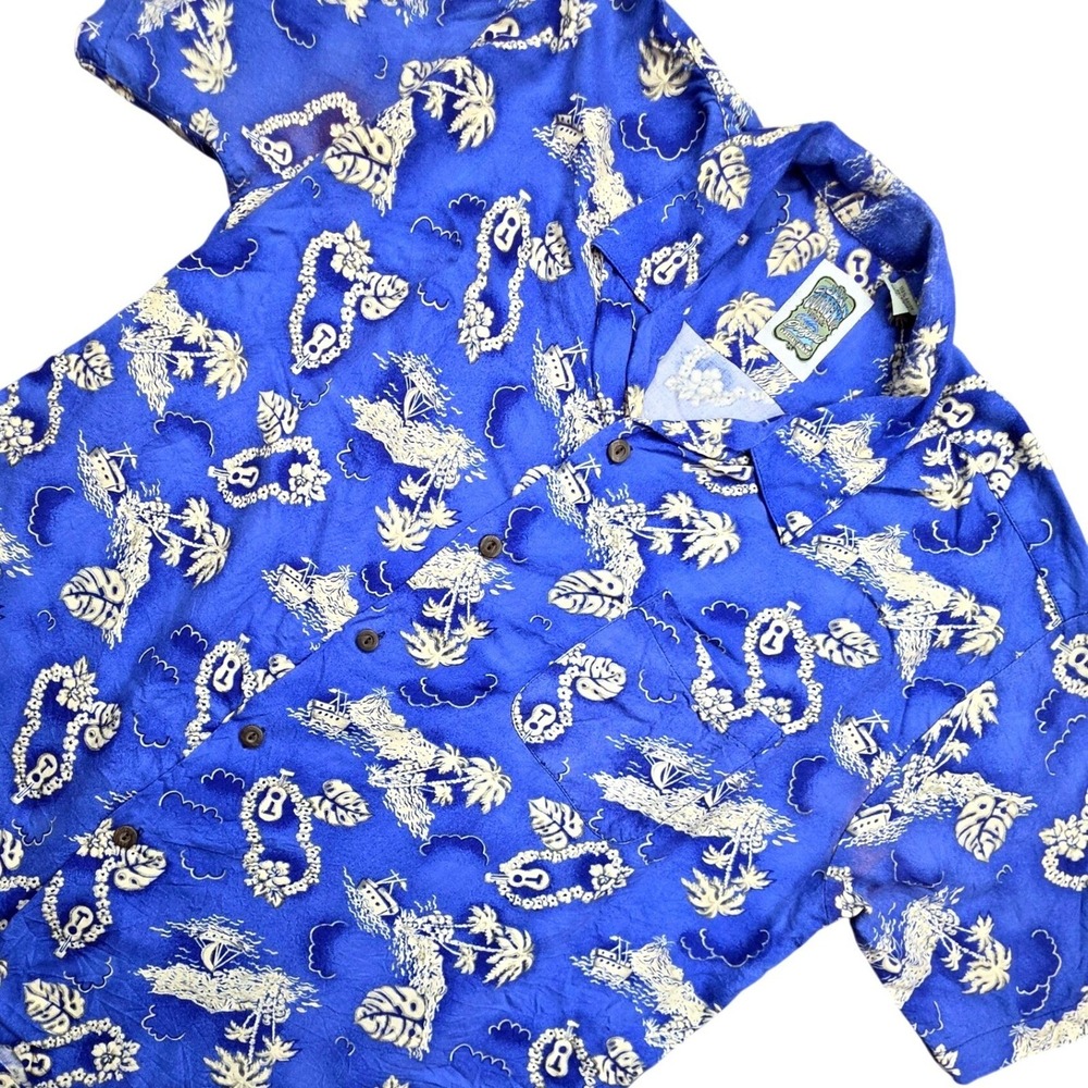 Ocean Current Vintage Blue Hawaiian Rayon Shirt Mens Large Tropical Island Print